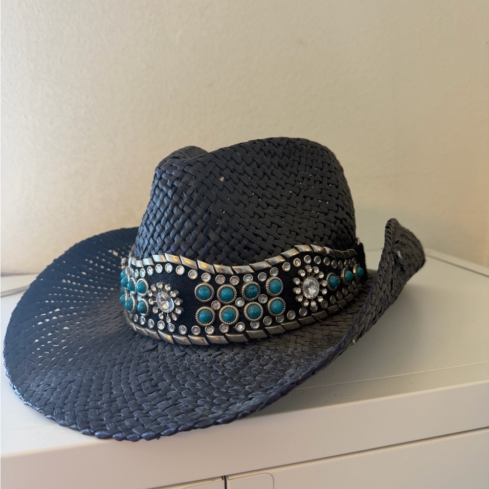 Peter Grimm Black Straw Cowboy Hat with Turquoise & Silver Concho Band